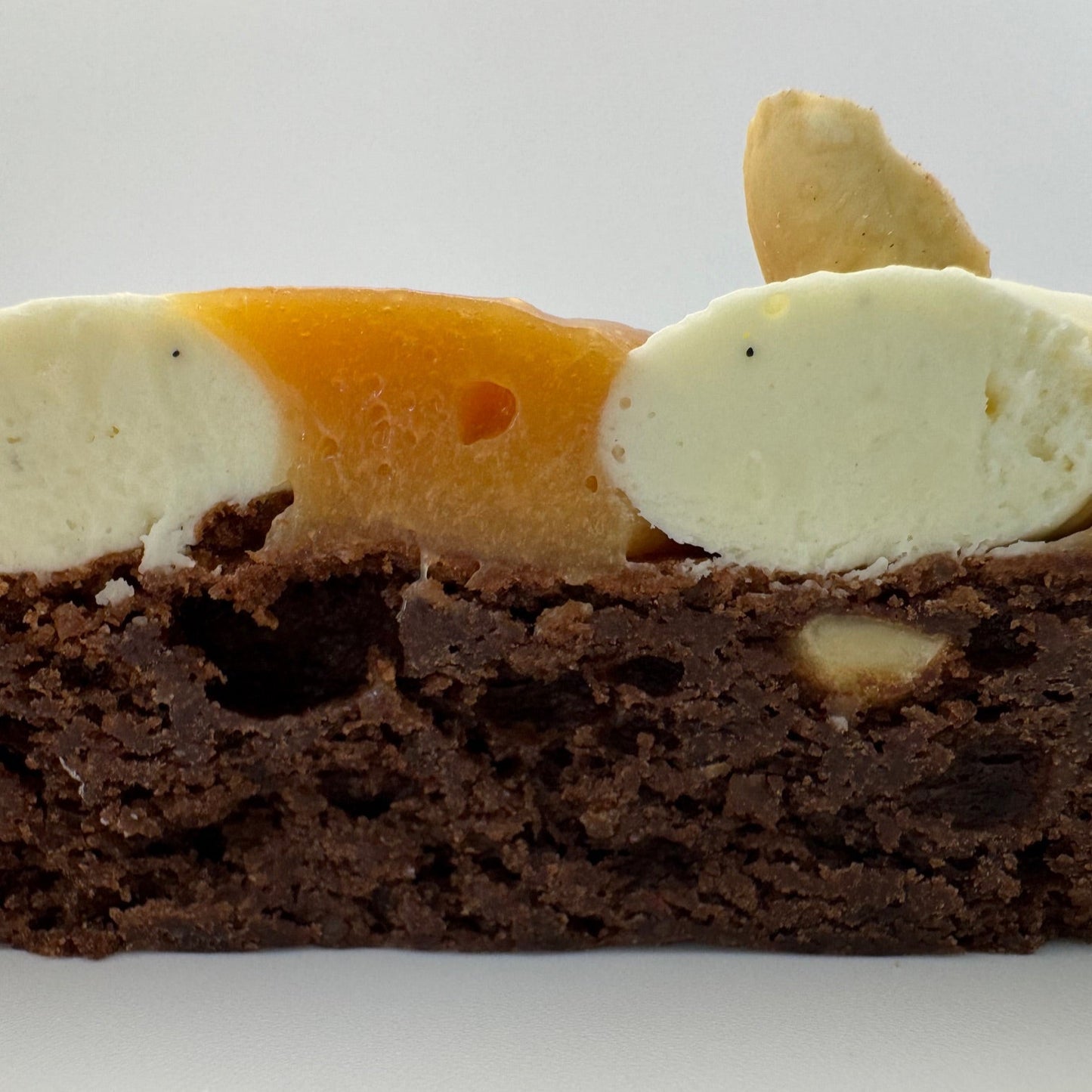 "Elegant brownie bar infused with hazelnut, filled with salted caramel, and topped with whipped white chocolate vanilla ganache for a smooth, nutty-sweet balance."