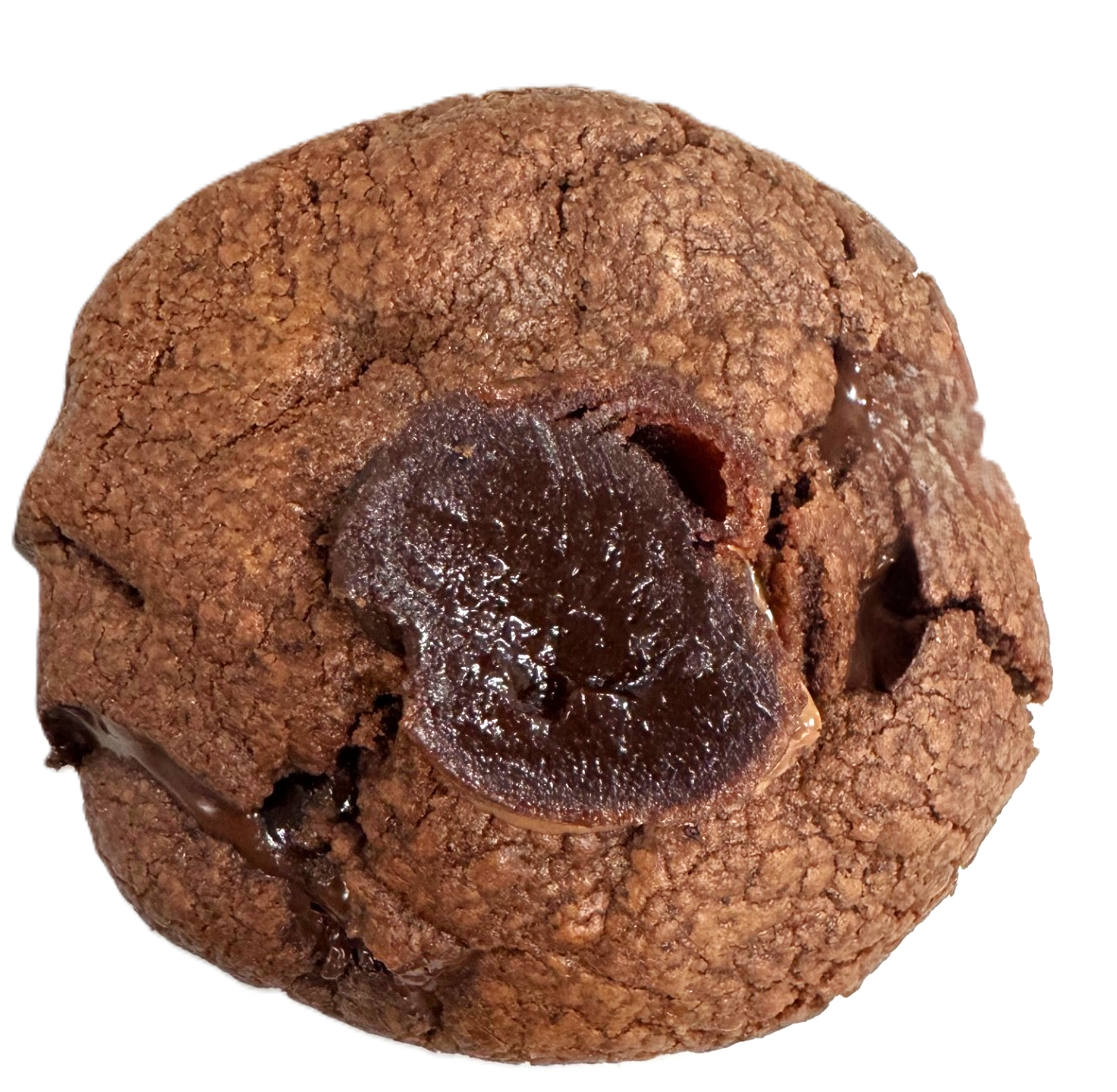 Close-up of a brownie cookie with a gooey liquid brownie center oozing through the middle.