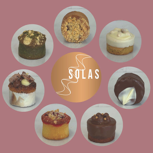 Assorted small desserts arranged around a 'Solas' logo on a pink background