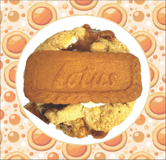 Close-up of a Lotus and caramel center cookie, topped with a Lotus biscuit piece and baked to a golden finish.