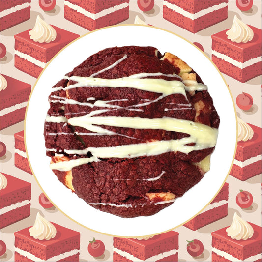 Indulge in our Red Velvet Cookie with a creamy cheese center and white chocolate drizzle. Handmade, rich, and perfect for gifting or treating yourself.