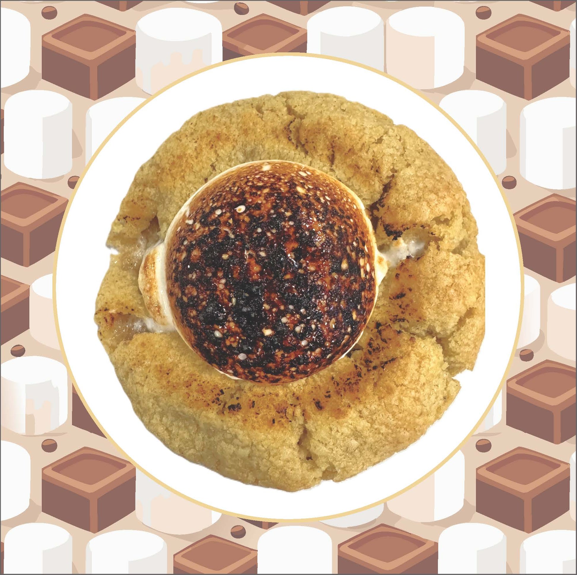 Close-up of a chocolate chip cookie with torched marshmallow topping and gooey dark chocolate center.